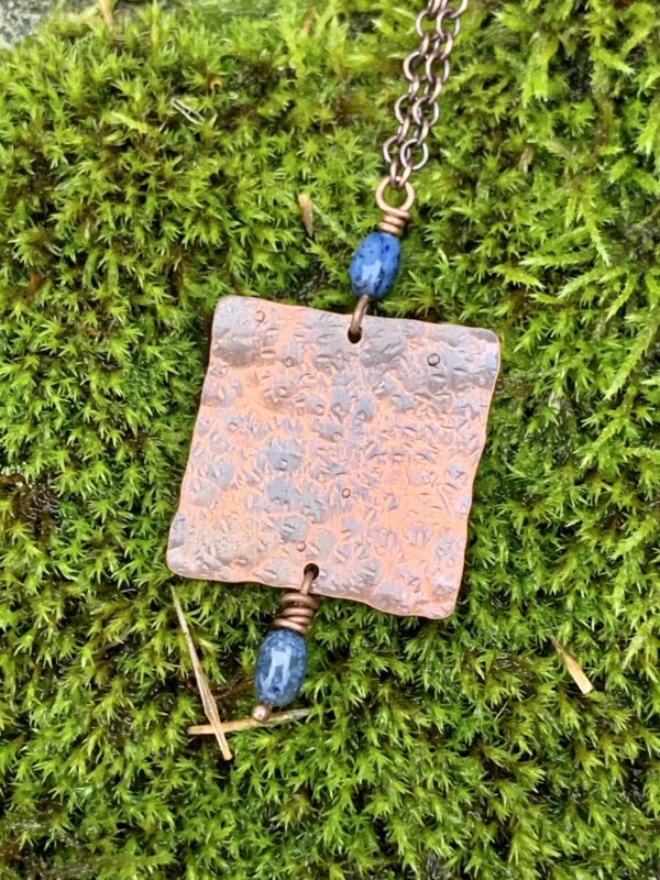 Copper textured rectangle with dumoreite necklace scaled