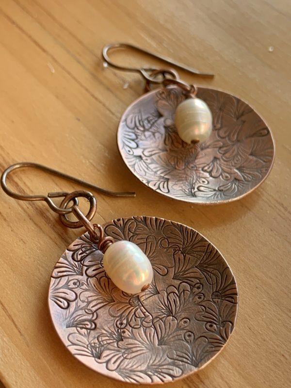 petal zen copper earrings with freshwater pearl scaled