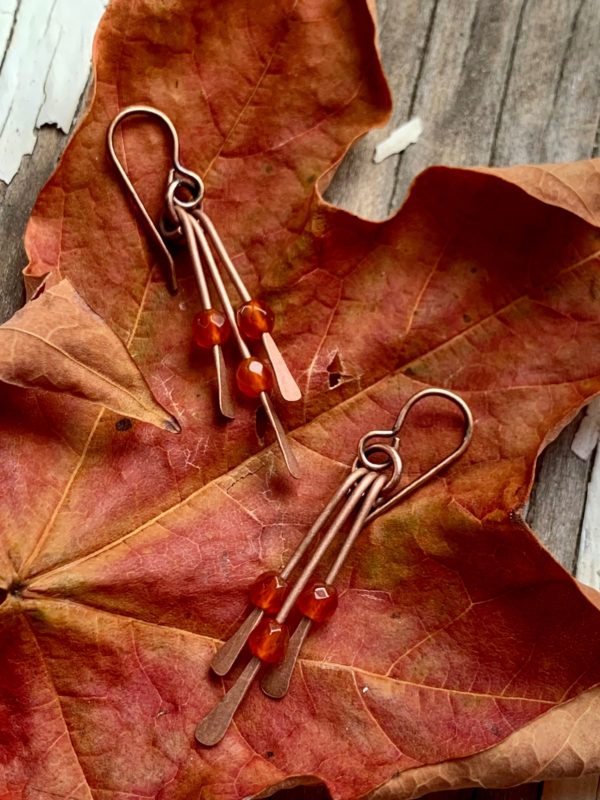 Carnelian and copper triple stick earrings scaled