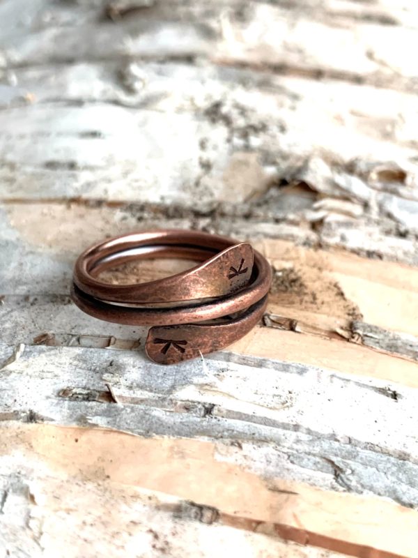 Hammered copper initial wrap ring scaled