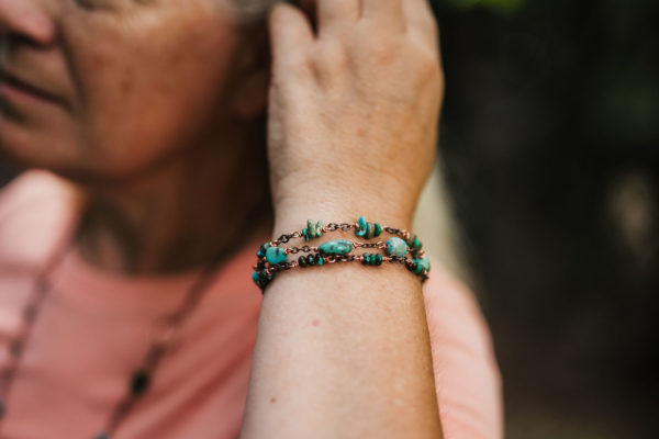 Three strand copper and turquoise bracelet closeup