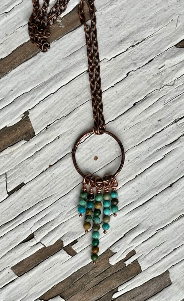 Copper hammered hoop and turquoise fringe necklace scaled