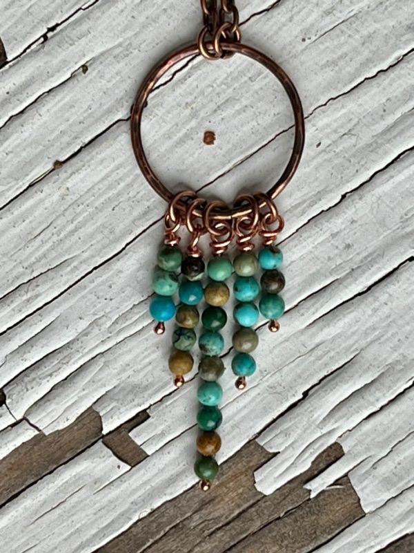 Copper hammered hoop and turquoise fringe necklace pendant scaled