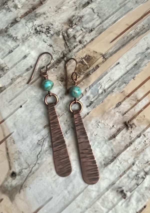 Birch Bark Textured Copper and Turquoise Skinny Teardrop Earrings scaled