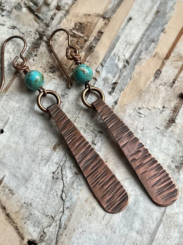 Birch Bark Textured Copper and Turquoise Skinny Teardrop Earrings close up