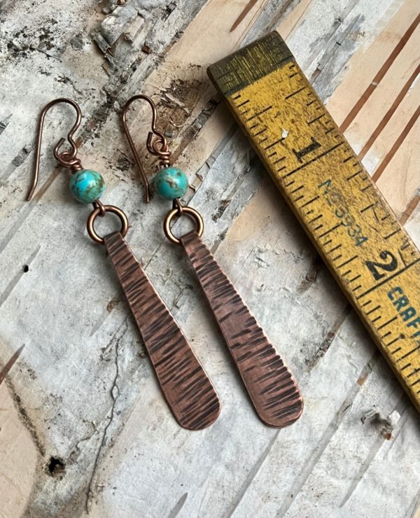 Birch Bark Textured Copper and Turquoise Skinny Teardrop Earrings size scaled