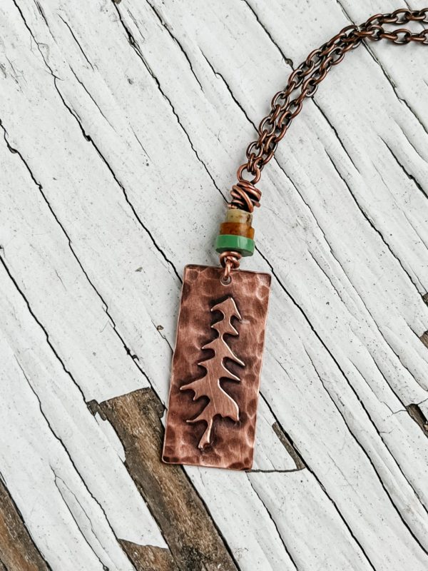 Turquoise and copper rustic evergreen tree necklace scaled