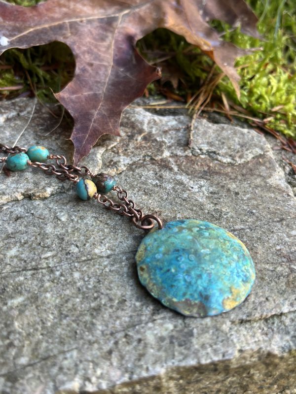 Convex Turquoise Blue Patinaed Round Copper and Turquoise Necklace 2 scaled