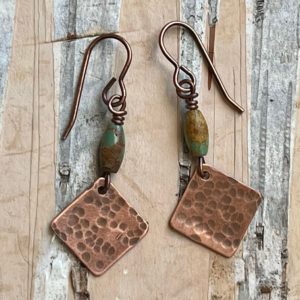 copper diamond and turquoise dangle earrings